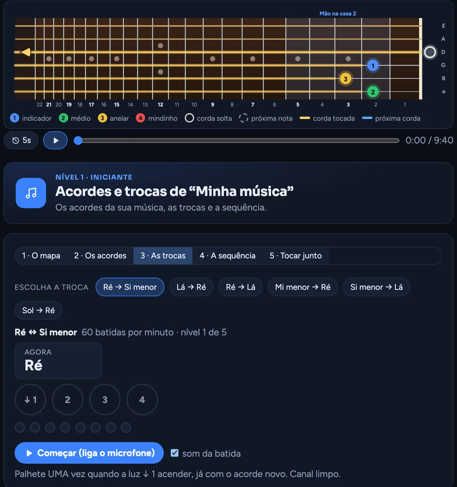 A tela de trocas do Flawlless: Ré para Si menor a 60 batidas por minuto, com a contagem do tempo